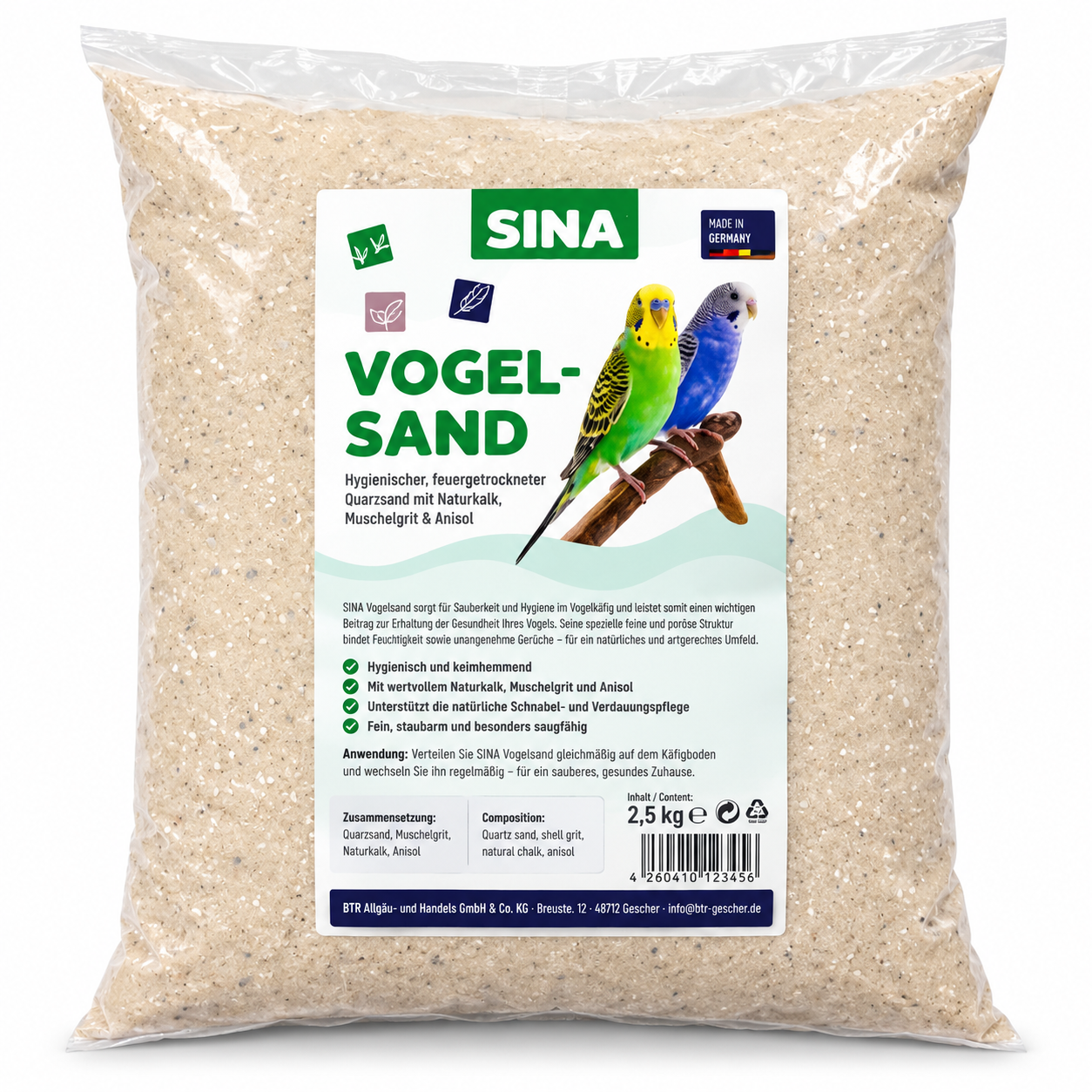 SINA Vogelsand 2,5 kg Hygienischer Käfigsand mit Muschelgrit & Anisol