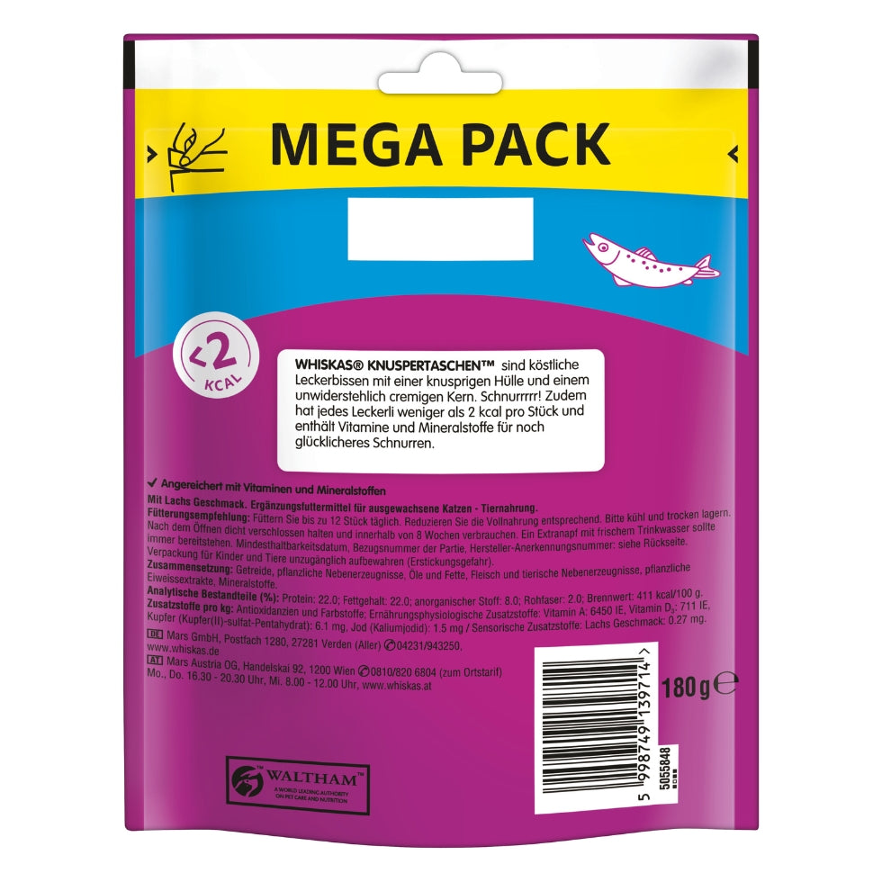 WHISKAS® KNUSPERTASCHEN™ Mega Pack Portionsbeutel Lachs Geschmack 180g