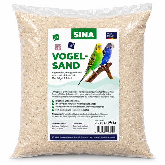 SINA Vogelsand 2,5 kg Hygienischer Käfigsand mit Muschelgrit & Anisol