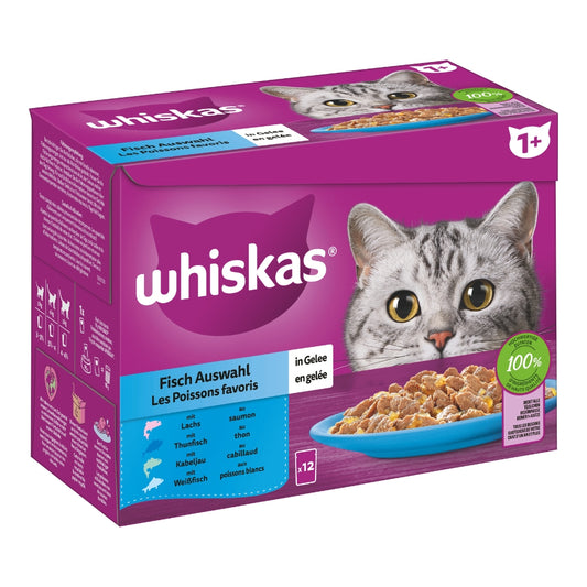 WHISKAS® Multipack Portionsbeutel 1+ Fisch Auswahl 4 Varietäten Lachs, Thunfisch, Kabeljau, Weißfisch in Gelee 12x85g