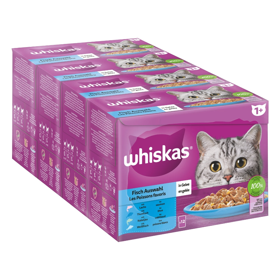WHISKAS® Multipack Portionsbeutel 1+ Fisch Auswahl 4 Varietäten Lachs, Thunfisch, Kabeljau, Weißfisch in Gelee 12x85g
