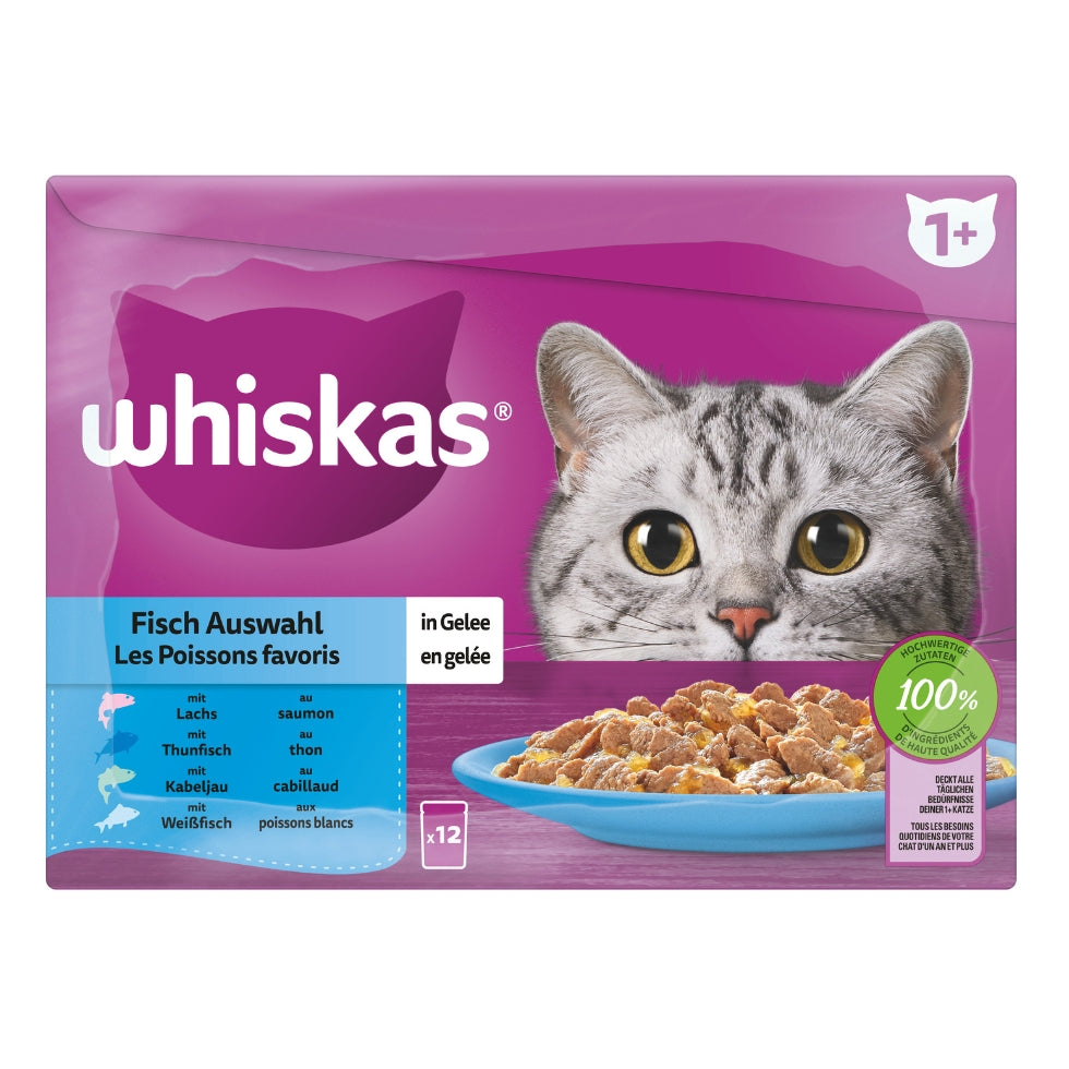 WHISKAS® Multipack Portionsbeutel 1+ Fisch Auswahl 4 Varietäten Lachs, Thunfisch, Kabeljau, Weißfisch in Gelee 12x85g