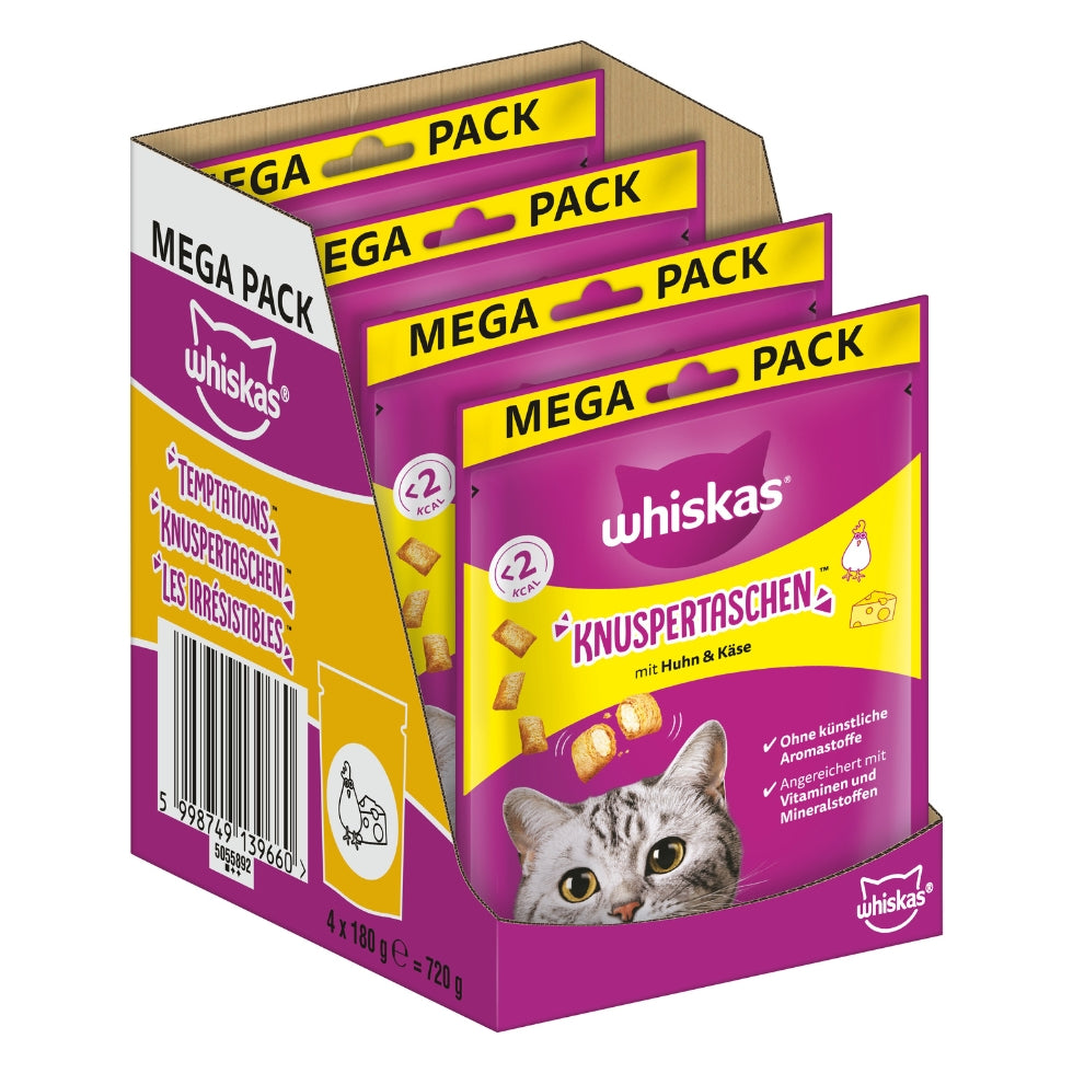 WHISKAS® KNUSPERTASCHEN™ Mega Pack Portionsbeutel Huhn & Käse 180g