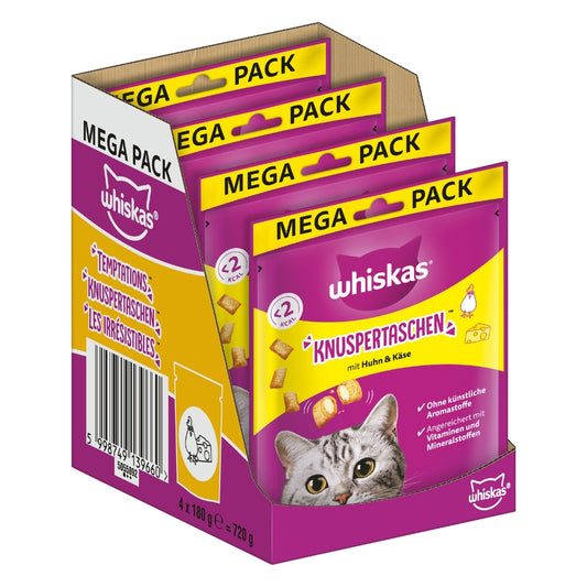 WHISKAS® KNUSPERTASCHEN™ Mega Pack Portionsbeutel Huhn & Käse 180g