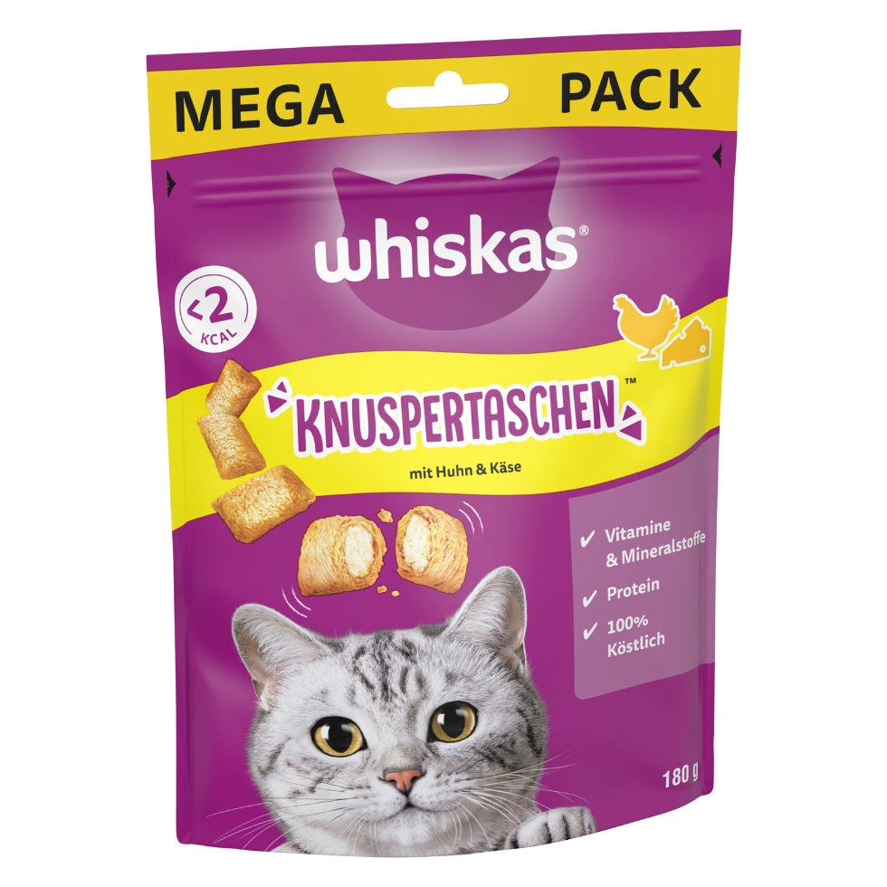 WHISKAS® KNUSPERTASCHEN™ Mega Pack Portionsbeutel Huhn & Käse 180g