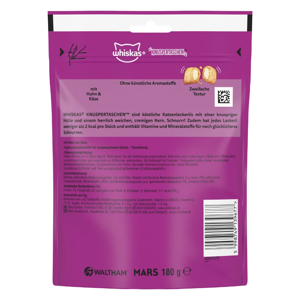 WHISKAS® KNUSPERTASCHEN™ Mega Pack Portionsbeutel Huhn & Käse 180g