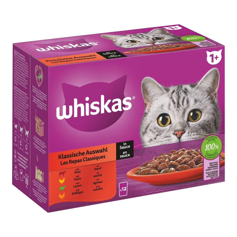 WHISKAS® Multipack Portionsbeutel 1+ Klassische Auswahl 4 Varietäten Rind, Huhn, Lamm, Geflügel in Sauce 12x85g