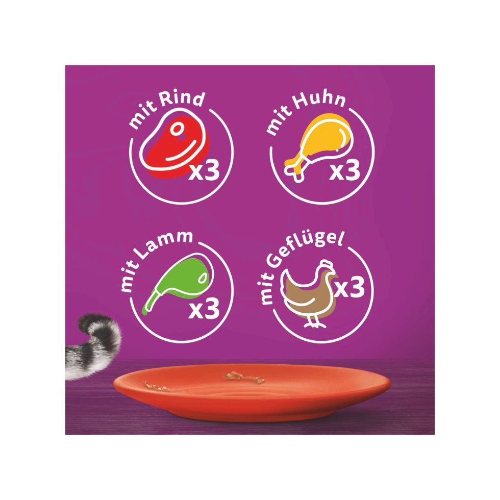 WHISKAS® Multipack Portionsbeutel 1+ Klassische Auswahl 4 Varietäten Rind, Huhn, Lamm, Geflügel in Sauce 12x85g