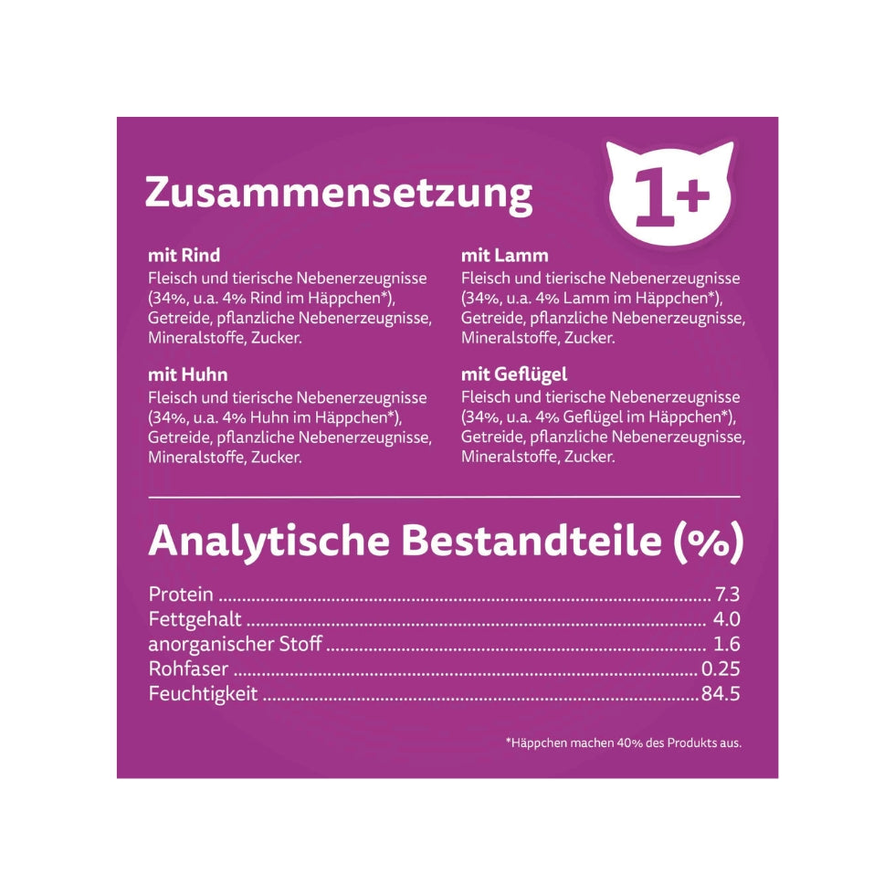 WHISKAS® Multipack Portionsbeutel 1+ Klassische Auswahl 4 Varietäten Rind, Huhn, Lamm, Geflügel in Sauce 12x85g