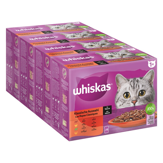 WHISKAS® Multipack Portionsbeutel 1+ Klassische Auswahl 4 Varietäten Rind, Huhn, Lamm, Geflügel in Sauce 12x85g