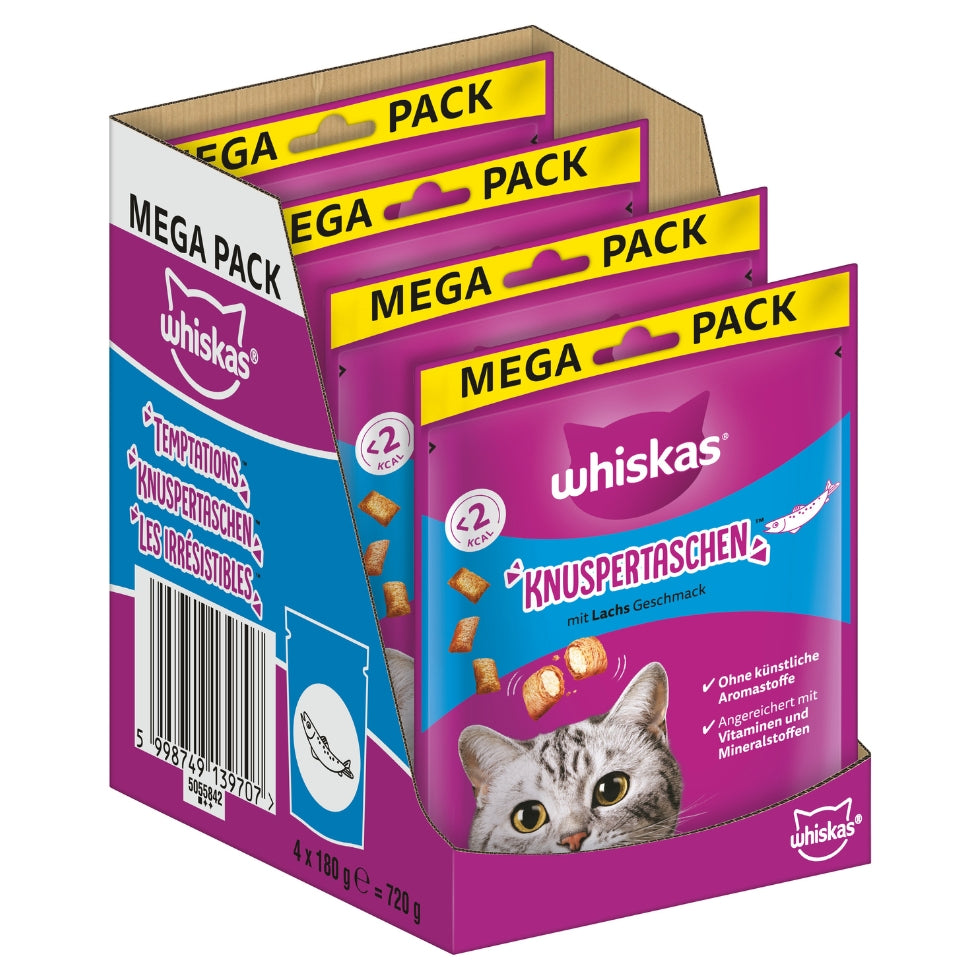 WHISKAS® KNUSPERTASCHEN™ Mega Pack Portionsbeutel Lachs Geschmack 180g