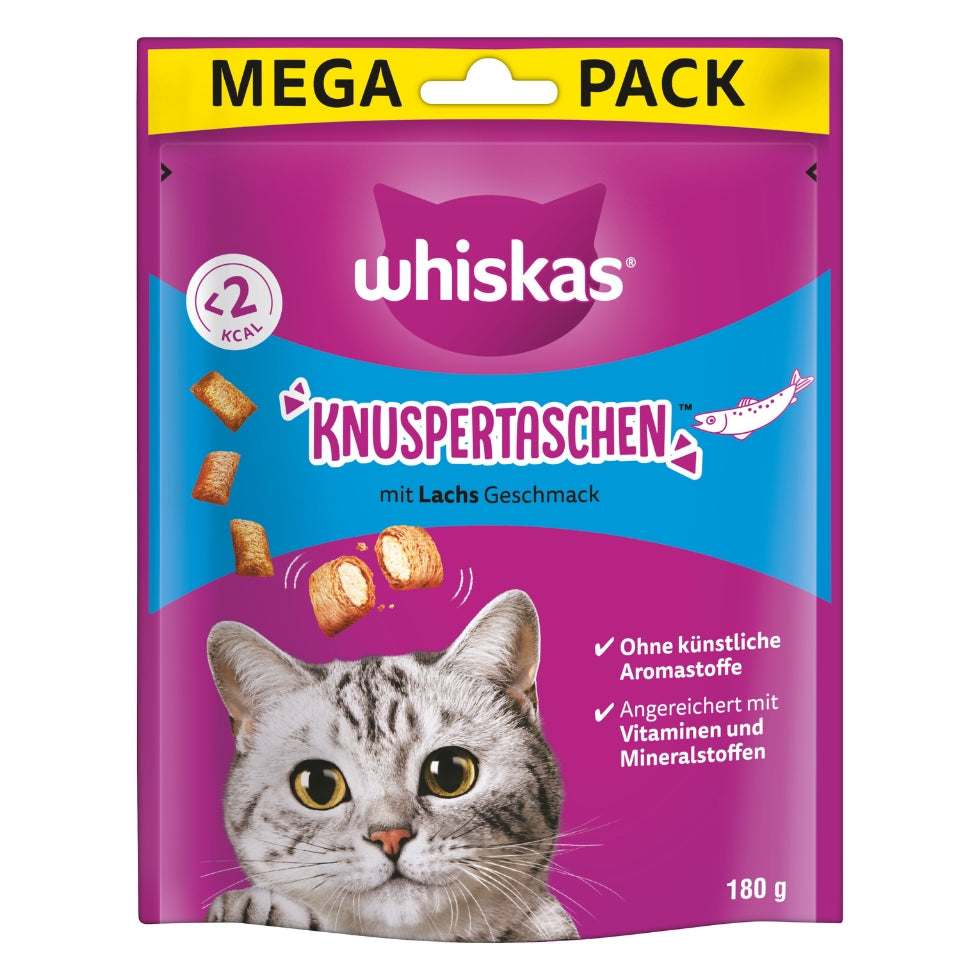 WHISKAS® KNUSPERTASCHEN™ Mega Pack Portionsbeutel Lachs Geschmack 180g